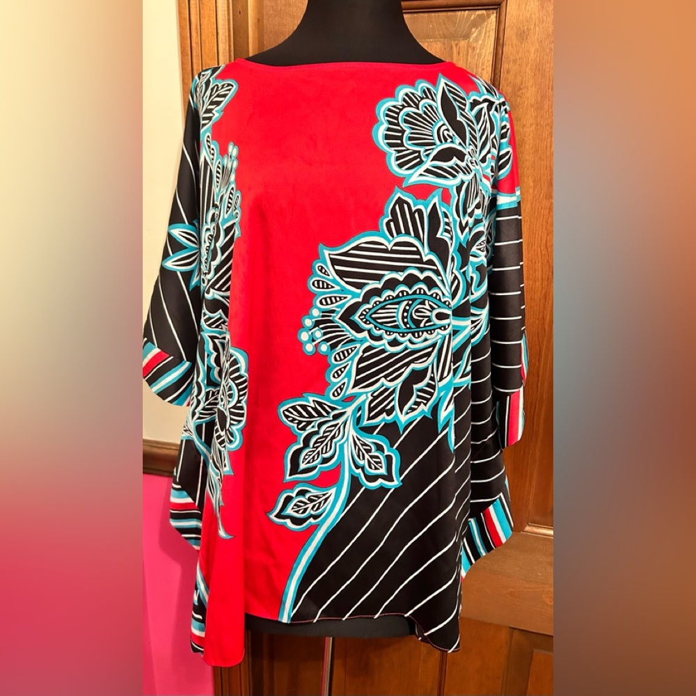 Bob Mackie Wearable Art Caftan Blouse Red/Black/Blue Floral Top size XL